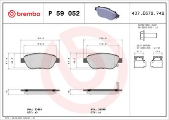 Fren Disk Balata Ön BREMBO P 59 052  93189816 77366481 0000077366481 68190118AA 1605354 93169175