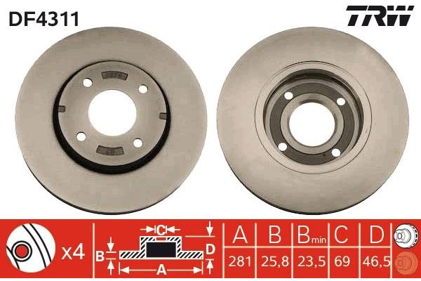 Fren Disk Ayna Ön Sağ ve Sol Mitsubishi Colt CZ3 3 Kapı (Z30)(03.2005->)  TRW DF4311