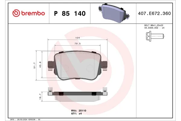 Fren Disk Balata Arka Seat Alhambra (711)(03.2015->)  BREMBO P 85 140