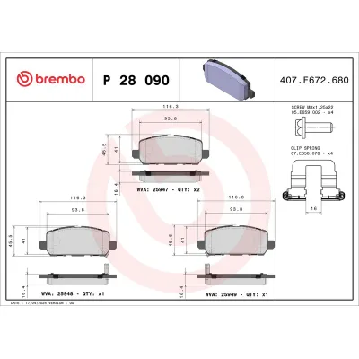 Fren Disk Balata Arka Honda HR-V (08.2021->)  BREMBO P 28 090