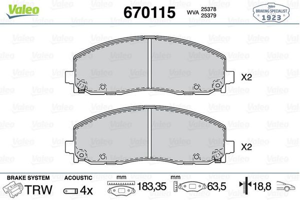 Fren Disk Balata Ön Jeep Wrangler / Wrangler Unlimited (JL)(2018->)  VALEO 670115