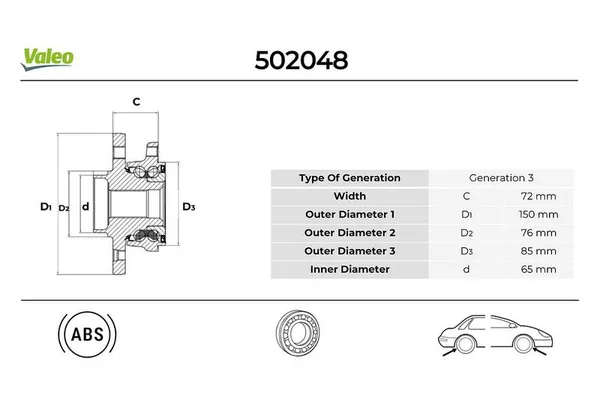 Teker Rulmanı Ön veya Arka Sağ veya Sol Volkswagen Touareg (7LA)(11.2002->2006)  VALEO 502048