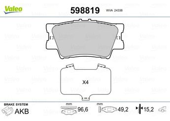Fren Disk Balata Arka VALEO 598819  446602220 446606060 446606070 446633200 04466-33200 0446633200 04466-06070 446633160 04466-33160 446633180 04466-33180 446642060 04466-42060 446642070 04466-42070