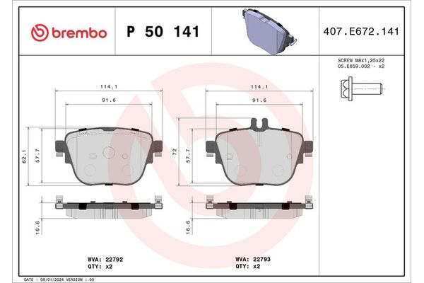 Fren Disk Balata Arka Mercedes E -Serisi S.Wagon (BM 213)(06.2016->)  BREMBO P 50 141