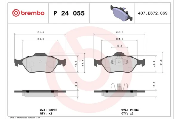 Fren Disk Balata Ön Ford Fusion (CBK)(2002->)  BREMBO P 24 055
