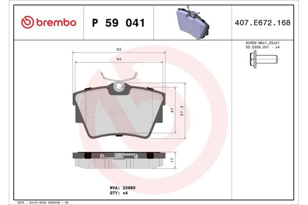 Fren Disk Balata Arka Fiat Talento P.Van (296)(06.2016->)  BREMBO P 59 041