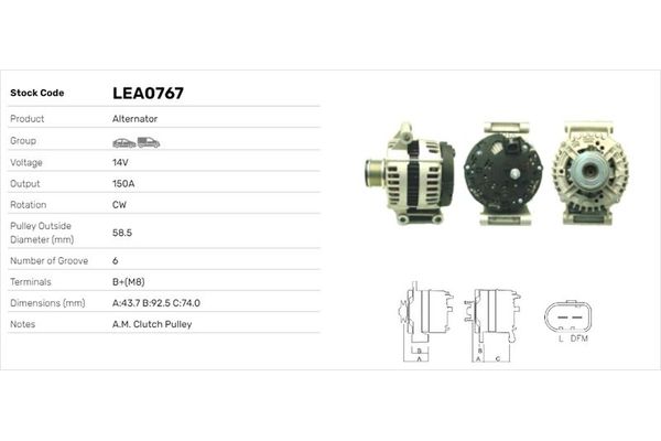Alternatör  Peugeot Boxer (330/333) P.Van, Camlı Aks:3000mm (2007->)  LUCAS ELEKTRIK LEA0767