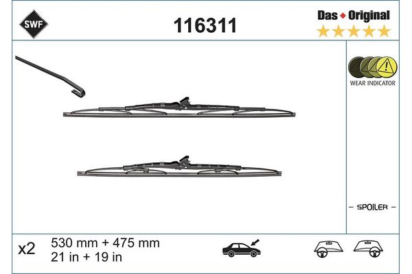 Silecek Süpürgesi Ön Telli Tip 530/475 mm - 21/19 inç Volkswagen Golf IV (1J1)(10.1997->2004)  SWF 116311