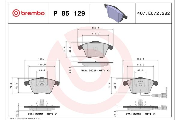 Fren Disk Balata Ön Volkswagen Golf VI (5K1)(10.2008->2012)  BREMBO P 85 129X