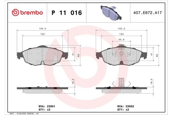 Fren Disk Balata Ön Chrysler Sebring Cabrio (JR27)(2001->)  BREMBO P 11 016