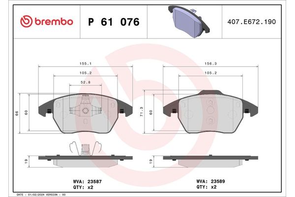 Fren Disk Balata Ön Volkswagen Polo V (6R1)(06.2009->2014)  BREMBO P 61 076X