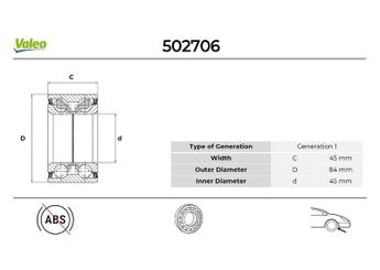 Teker Rulmanı Ön Sağ veya Sol VALEO 502706  GP9A33047D GP9A33047C GP9A33047A 9008036193 9036945003 90363W0001 9036945005 90369T0004 90369T0007