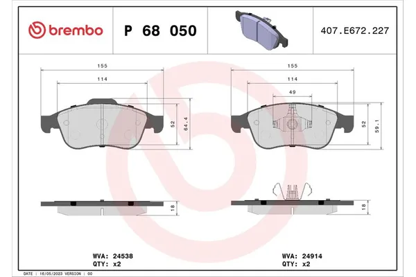 Fren Disk Balata Ön Mitsubishi ASX (VSX/VSE)(2023->)  BREMBO P 68 050