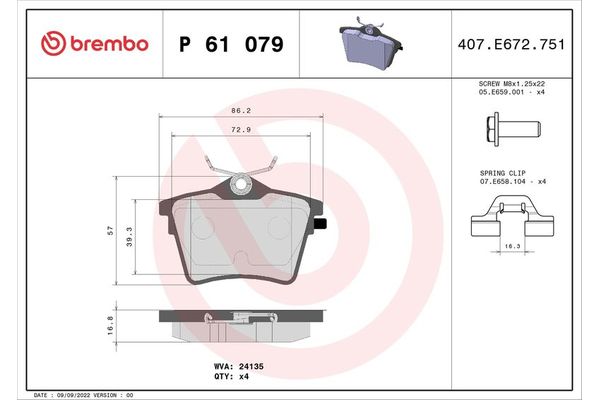 Fren Disk Balata Arka Peugeot 407 Coupe (10.2005->)  BREMBO P 61 079