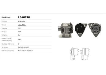 Alternatör  LUCAS ELEKTRIK LEA0978  LEA0978 1204136 13156052 24437119 6204069 6204071 6204075 6204102 6204135 6204179 6204193 6204244 90543234 90561967 90589721 9117930 9133599 9192815 9200956 93175791 93175939 93177835 93180416 93187819 9512780