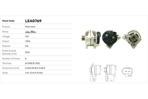 Alternatör  Skoda Rapid Spaceback (NH)(09.2013->)  LUCAS ELEKTRIK LEA0769