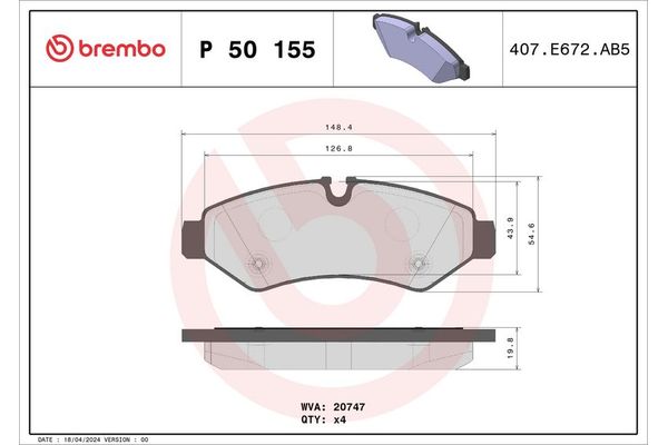 Fren Disk Balata Arka Mercedes Sprinter III P.Van RWD/AWD (907)(02.2018->)  BREMBO P 50 155