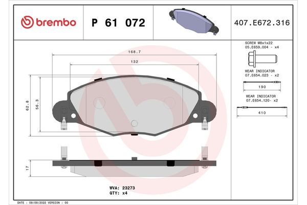 Fren Disk Balata Ön Citroen C5 5 Kapı (03.2001->)  BREMBO P 61 072