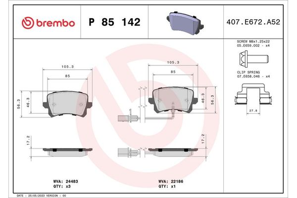 Fren Disk Balata Arka Audi RS Q3 (8UB)(08.2013->)  BREMBO P 85 142