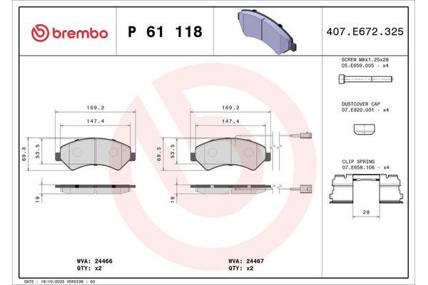Fren Disk Balata Ön Citroen Jumper Kamyonet (06.2014->)  BREMBO P 61 118
