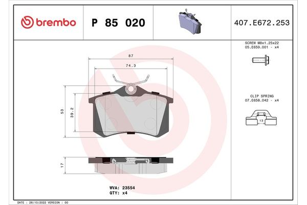 Fren Disk Balata Arka Volkswagen Golf Plus V (5M1)(01.2005->2009)  BREMBO P 85 020X