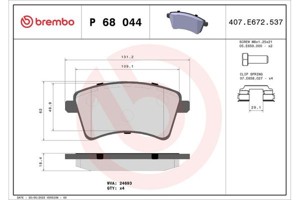 Fren Disk Balata Ön Mercedes Citan Mixto (BM 415)(09.2012->)  BREMBO P 68 044