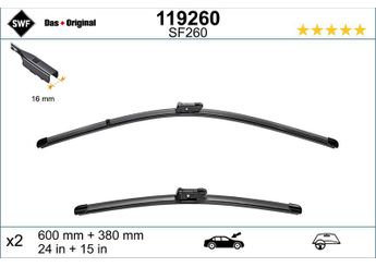 Silecek Süpürgesi Ön Muz Tip 600/380 mm - 24/15 inç SWF 119260  6R1998002 5JB955425 8X1955425B 8X1955426 8X1955426B 8X1998002A 8X2955426 1S1955425 1S1955426 1S1998002 1ST998001 5JB955426 6R1955425A 6R1955426A