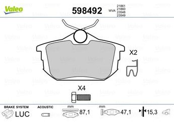 Fren Disk Balata Arka VALEO 598492  30620770 30623264 30630613 M620770 M850978 MN125772 MW30620770 4544201020 30769186 308509785 30850978.5 3345678 33456781 3345678.1