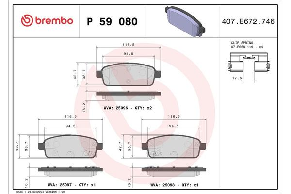 Fren Disk Balata Arka Opel Mokka (2012->)  BREMBO P 59 080
