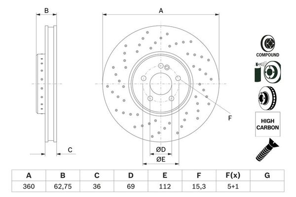 Fren Disk Ayna Ön Sağ ve Sol Mercedes E -Serisi Sedan (BM 213)(08.2016->)  BOSCH 0 986 479 G38