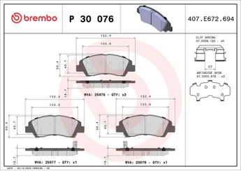Fren Disk Balata Ön BREMBO P 30 076  58101B4A00 58101B4A05 58101B4A06 58101B9A30 58101B9A35 58101B9A70 58101B9A75 58101K6A50 58101K7A00