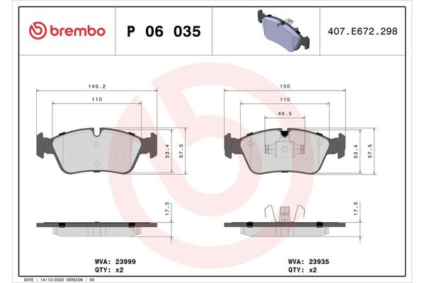 Fren Disk Balata Ön BMW 1 Serisi Sedan 3/5 Kapı (E81/E87)(2004->)  BREMBO P 06 035