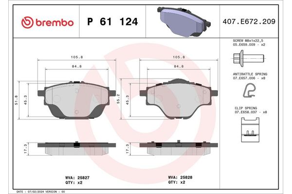 Fren Disk Balata Arka Citroen C5 Aircross (08.2018->)  BREMBO P 61 124