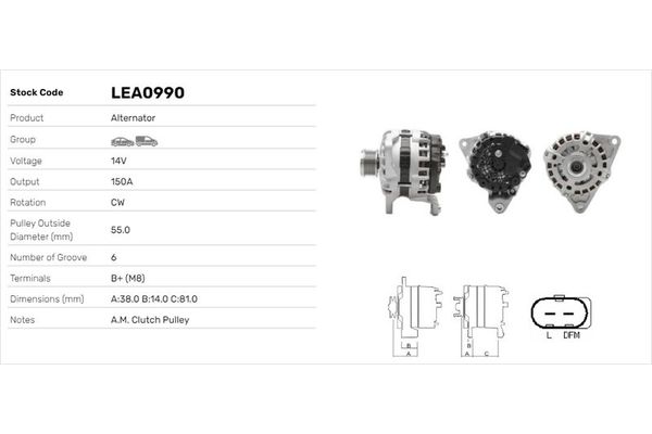 Alternatör  Fiat Ducato Maxi P.Van, Geniş Hacim 35 (09.2006->)  LUCAS ELEKTRIK LEA0990