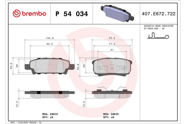 Fren Disk Balata Arka Mitsubishi Lancer Sportback/ 5 Kapı (CX0)(10.2008->)  BREMBO P 54 034
