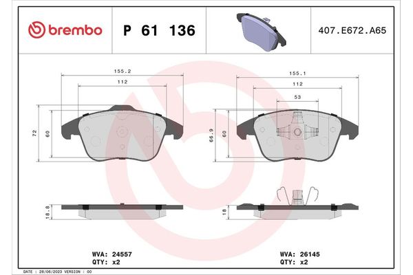 Fren Disk Balata Ön Citroen C4 / Ë-C4 (07.2021->)  BREMBO P 61 136