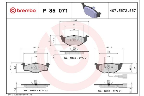 Fren Disk Balata Ön Skoda Fabia Combi (5J5)(12.2007->)  BREMBO P 85 071