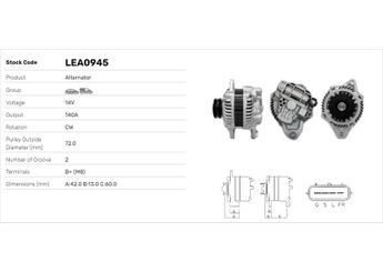 Alternatör  LUCAS ELEKTRIK LEA0945  LEA0945 1800A115 1800A116 1800A214 1800A290 A002TX1279 A003TG4579 A003TG4679 A2TX1279 A2TX1279A A3TG4579 A3TG4679
