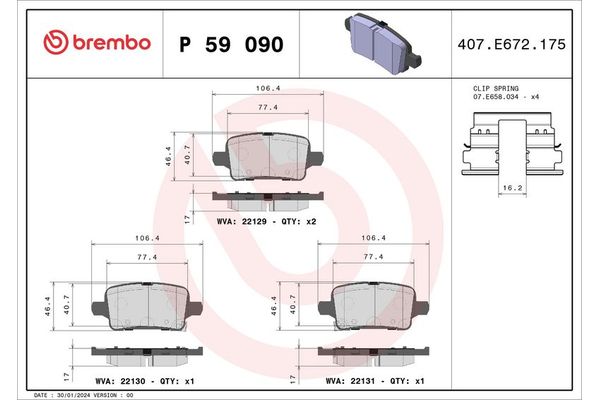 Fren Disk Balata Arka Opel Astra K HB (09.2015->)  BREMBO P 59 090