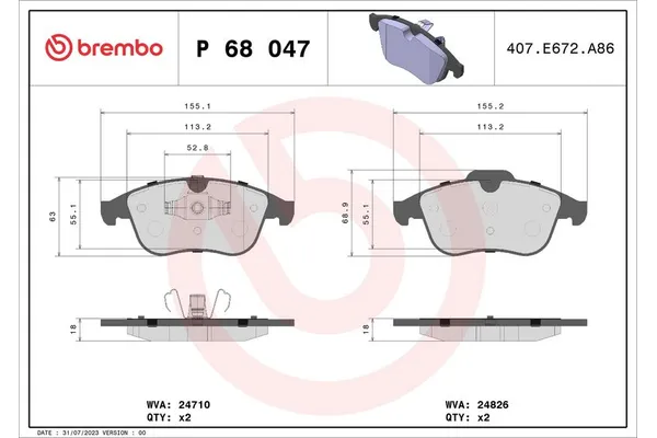 Fren Disk Balata Ön Renault Latitude (2010->)  BREMBO P 68 047