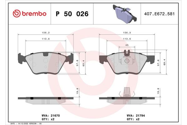 Fren Disk Balata Ön Mercedes SLK Roadster (BM 170)(04.1996->)  BREMBO P 50 026
