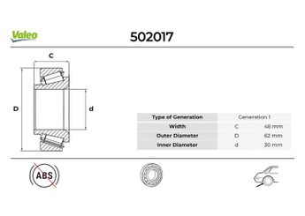 Teker Rulmanı Arka Sağ veya Sol VALEO 502017  430009707R 432102069R 8200639543 374890 4321000Q0D 3648073 432100366R 432102103R 432103106R