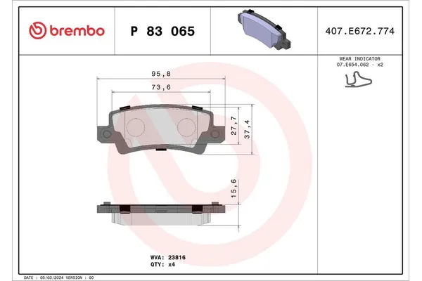 Fren Disk Balata Arka Toyota Corolla Combi SW (E12)(2002->)  BREMBO P 83 065