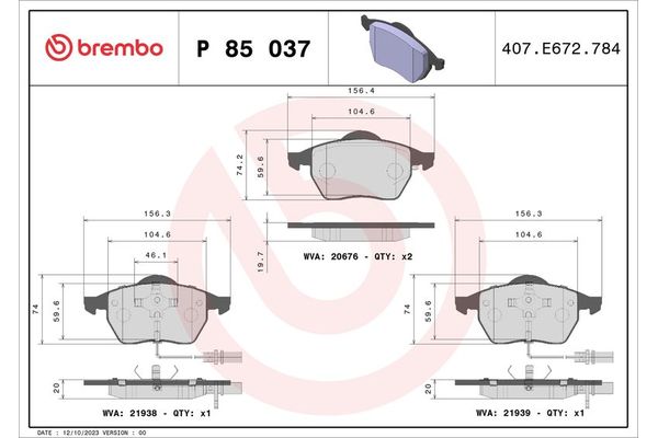 Fren Disk Balata Ön Audi A6 Sedan (4B2)(04.1997->)  BREMBO P 85 037