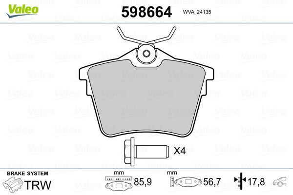 Fren Disk Balata Arka Citroen C5 Tourer (04.2008->)  VALEO 598664