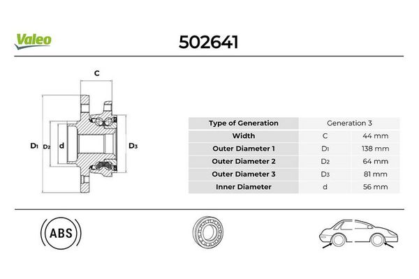 Teker Rulmanı Ön Sağ veya Sol MINI Cabrio (R52)(2004->)  VALEO 502641