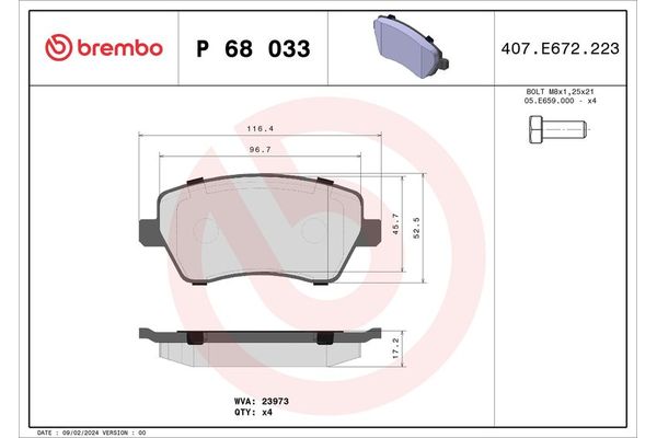 Fren Disk Balata Ön Nissan Almera (G15RA)(12.2012->)  BREMBO P 68 033
