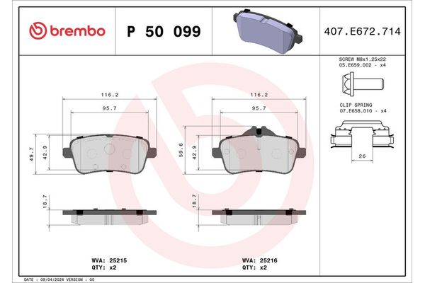 Fren Disk Balata Arka Mercedes A -Serisi (BM 176)(06.2012->)  BREMBO P 50 099