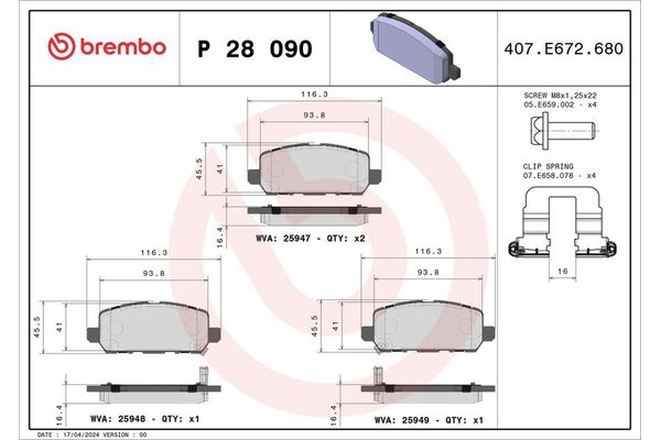 Fren Disk Balata Arka Honda HR-V (RU)(08.2015->)  BREMBO P 28 090