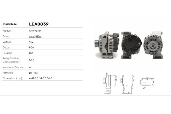 Alternatör  Alfa Romeo MiTo (145)(2008->)  LUCAS ELEKTRIK LEA0839